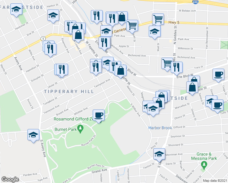 map of restaurants, bars, coffee shops, grocery stores, and more near 126 Whittier Avenue in Syracuse