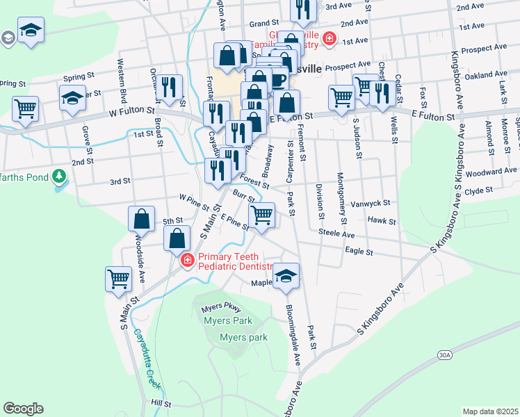 map of restaurants, bars, coffee shops, grocery stores, and more near 30 Burr Street in Gloversville