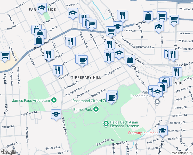 map of restaurants, bars, coffee shops, grocery stores, and more near 316 Tennyson Avenue in Syracuse
