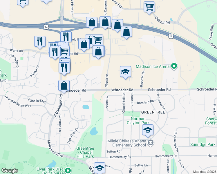 map of restaurants, bars, coffee shops, grocery stores, and more near Schroeder Road in Madison
