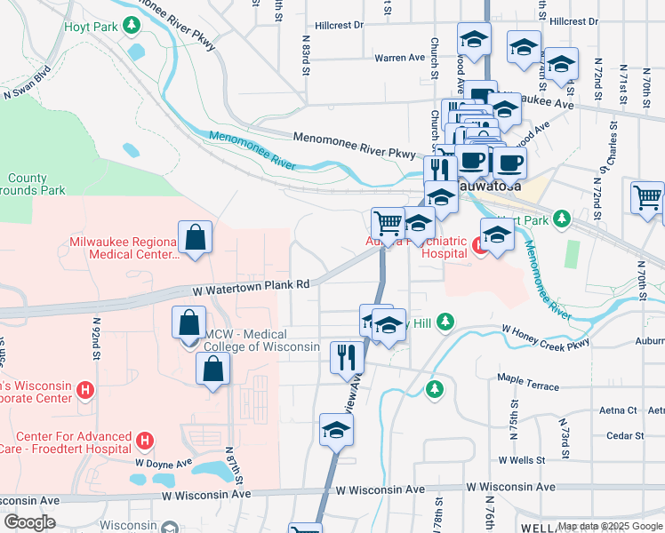 map of restaurants, bars, coffee shops, grocery stores, and more near 8228 Harwood Avenue in Wauwatosa