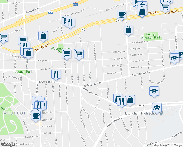 map of restaurants, bars, coffee shops, grocery stores, and more near 241 Fenway Drive in Syracuse