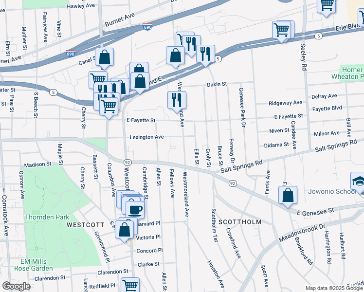 map of restaurants, bars, coffee shops, grocery stores, and more near 409 Westmoreland Avenue in Syracuse