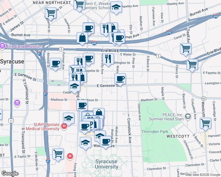map of restaurants, bars, coffee shops, grocery stores, and more near in Syracuse