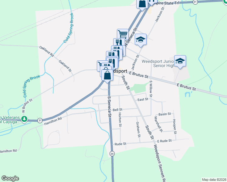 map of restaurants, bars, coffee shops, grocery stores, and more near 2688 Liberty Street in Weedsport