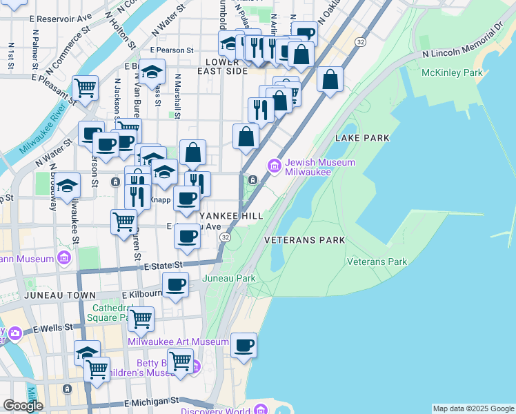 map of restaurants, bars, coffee shops, grocery stores, and more near 1300 North Prospect Avenue in Milwaukee