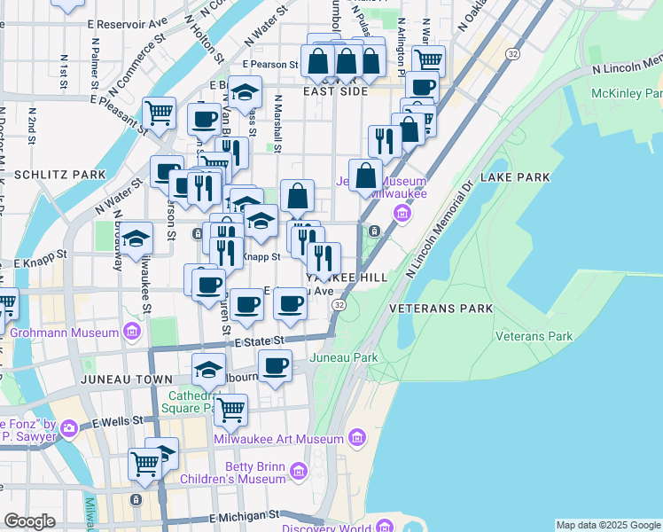 map of restaurants, bars, coffee shops, grocery stores, and more near 1032 East Knapp Street in Milwaukee