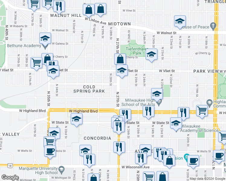 map of restaurants, bars, coffee shops, grocery stores, and more near in Milwaukee