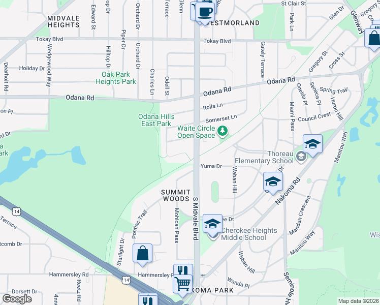 map of restaurants, bars, coffee shops, grocery stores, and more near 821 South Midvale Boulevard in Madison