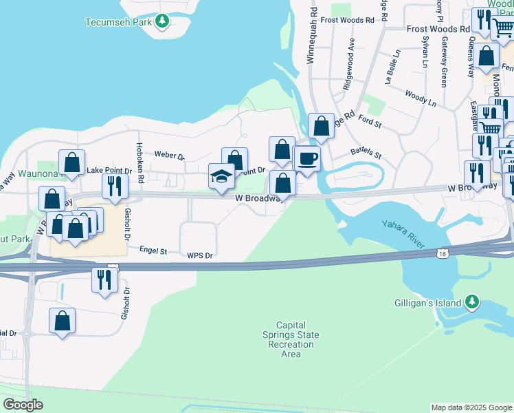 map of restaurants, bars, coffee shops, grocery stores, and more near 6501 Bridge Road in Madison