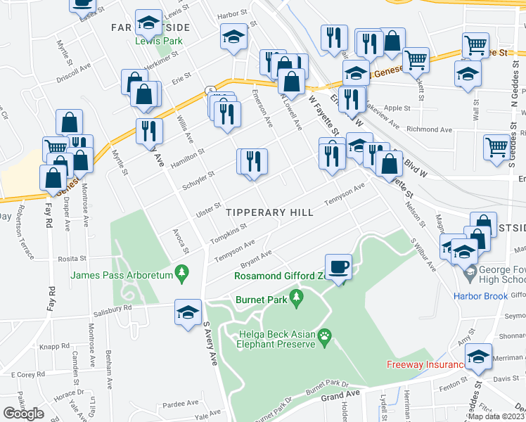 map of restaurants, bars, coffee shops, grocery stores, and more near 101 Milton Avenue in Syracuse
