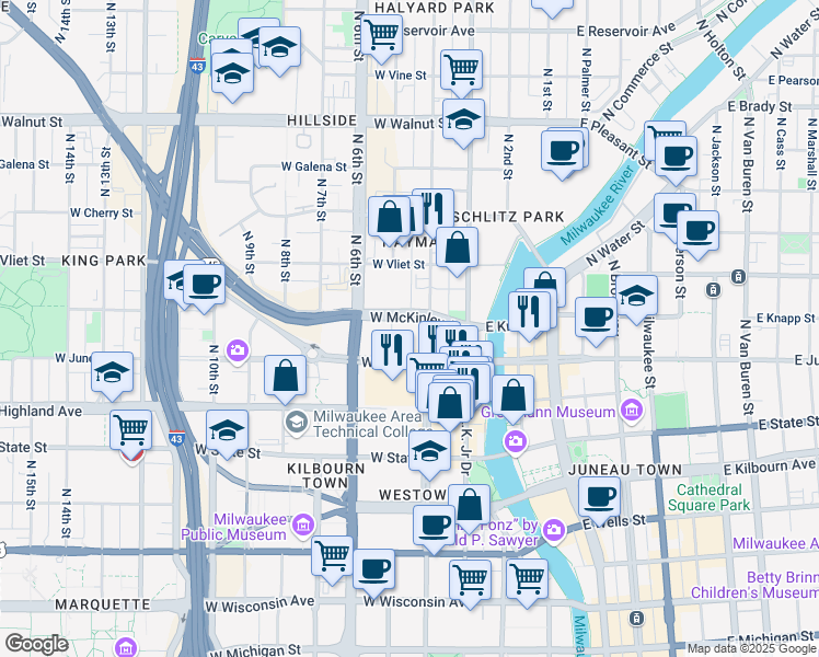 map of restaurants, bars, coffee shops, grocery stores, and more near 423 West McKinley Avenue in Milwaukee