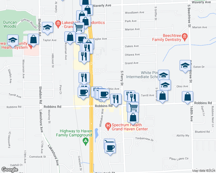 map of restaurants, bars, coffee shops, grocery stores, and more near 1005 Ohio Avenue in Grand Haven