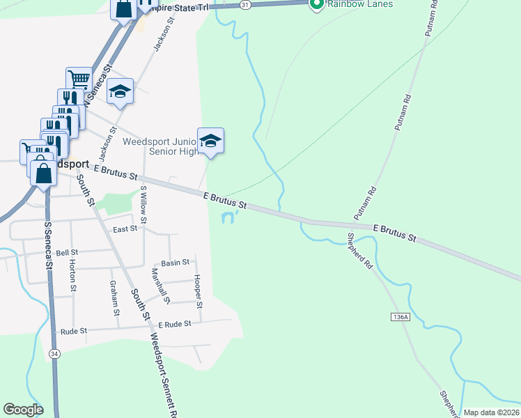 map of restaurants, bars, coffee shops, grocery stores, and more near 2821 East Brutus Street in Weedsport