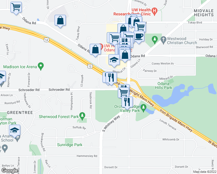 map of restaurants, bars, coffee shops, grocery stores, and more near 5606 Schroeder Road in Madison