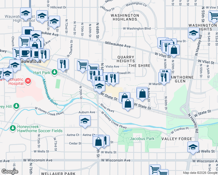 map of restaurants, bars, coffee shops, grocery stores, and more near 6700 West State Street in Wauwatosa