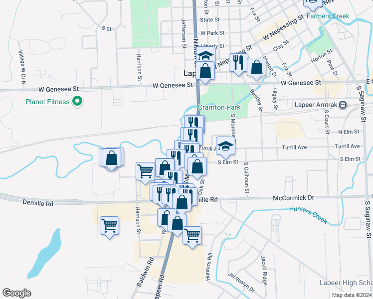 map of restaurants, bars, coffee shops, grocery stores, and more near 232 South Main Street in Lapeer
