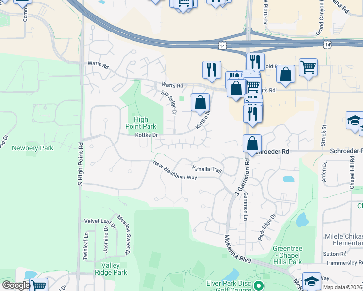 map of restaurants, bars, coffee shops, grocery stores, and more near 7318 West Valley Ridge Drive in Madison