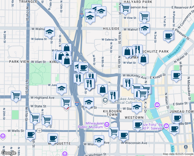 map of restaurants, bars, coffee shops, grocery stores, and more near 1244 North 9th Street in Milwaukee