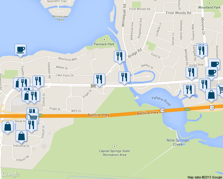 map of restaurants, bars, coffee shops, grocery stores, and more near 901 West Broadway in Monona