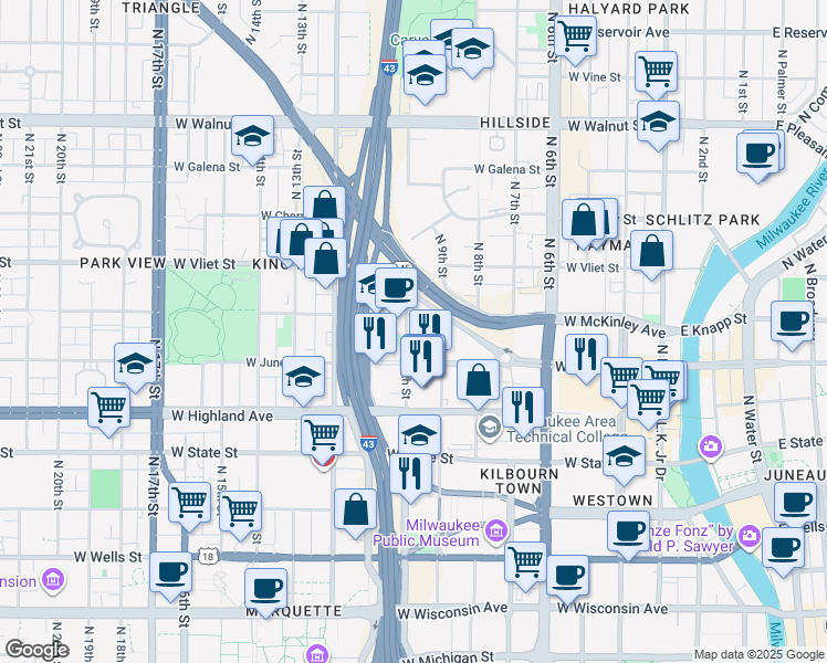 map of restaurants, bars, coffee shops, grocery stores, and more near 1240 North 10th Street in Milwaukee