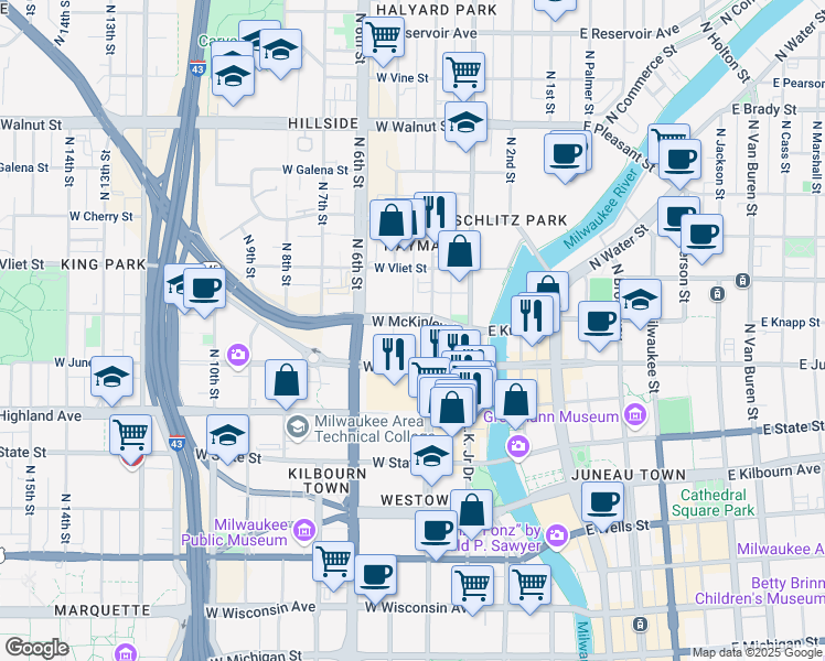 map of restaurants, bars, coffee shops, grocery stores, and more near 423 West McKinley Avenue in Milwaukee