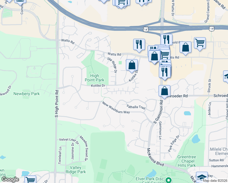 map of restaurants, bars, coffee shops, grocery stores, and more near 7318 W Valley Ridge Dr in Madison