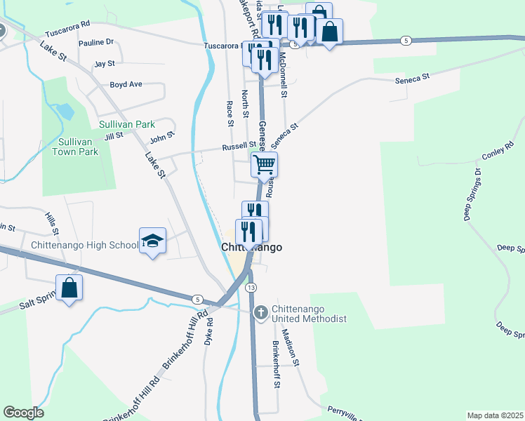 map of restaurants, bars, coffee shops, grocery stores, and more near 265 Rouse Street in Chittenango