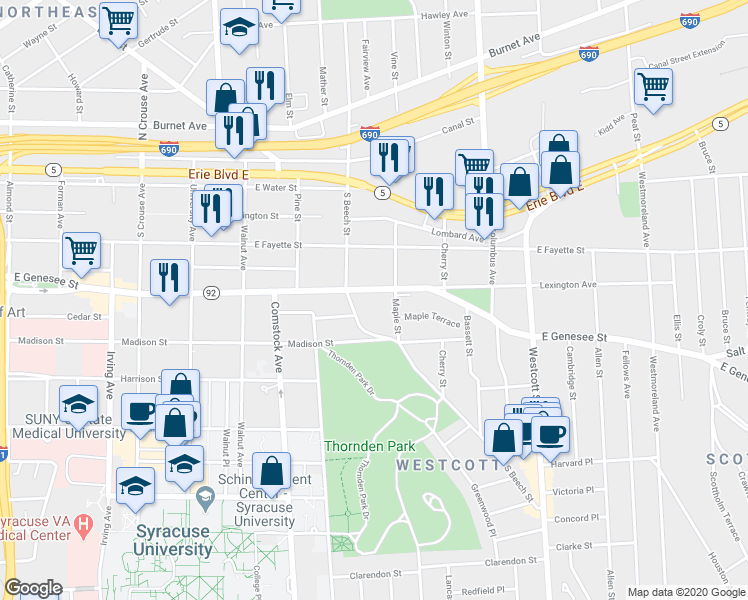 map of restaurants, bars, coffee shops, grocery stores, and more near 1531 East Genesee Street in Syracuse