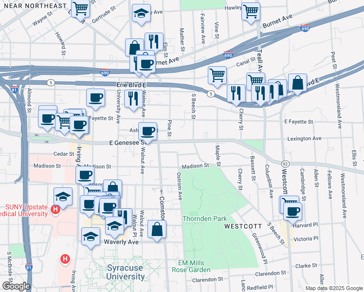 map of restaurants, bars, coffee shops, grocery stores, and more near in Syracuse