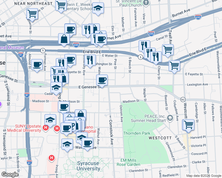 map of restaurants, bars, coffee shops, grocery stores, and more near in Syracuse