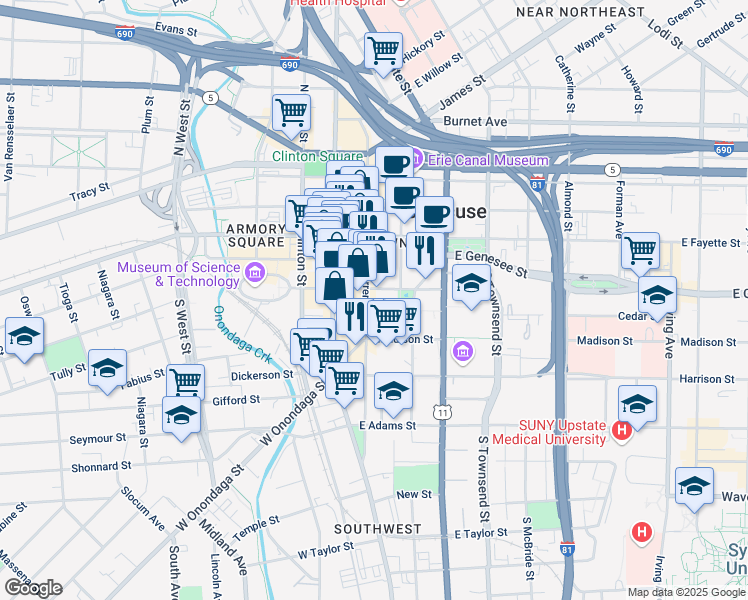 map of restaurants, bars, coffee shops, grocery stores, and more near 204 East Jefferson Street in Syracuse
