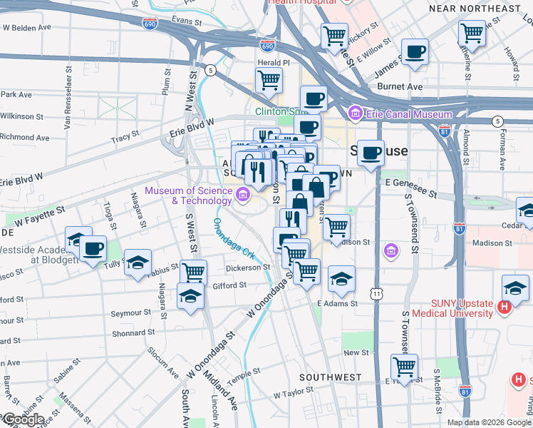 map of restaurants, bars, coffee shops, grocery stores, and more near 429 South Clinton Street in Syracuse