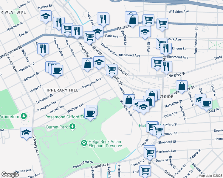 map of restaurants, bars, coffee shops, grocery stores, and more near 300 South Wilbur Avenue in Syracuse