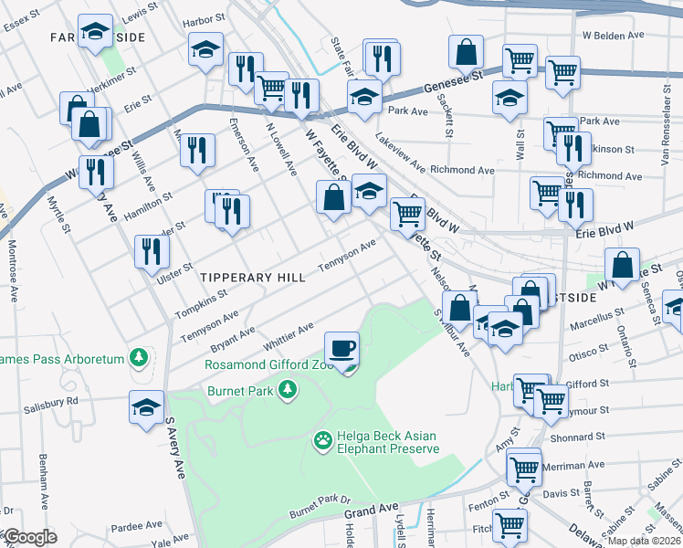 map of restaurants, bars, coffee shops, grocery stores, and more near 227 Tennyson Avenue in Syracuse