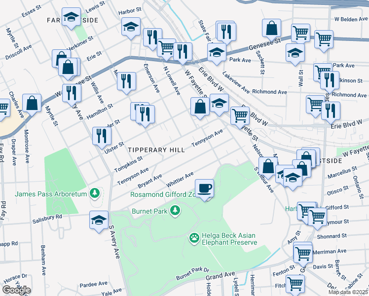 map of restaurants, bars, coffee shops, grocery stores, and more near 405 Tompkins Street in Syracuse