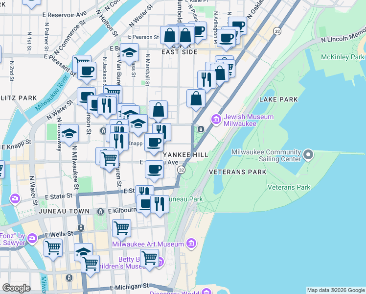 map of restaurants, bars, coffee shops, grocery stores, and more near 1032 East Knapp Street in Milwaukee