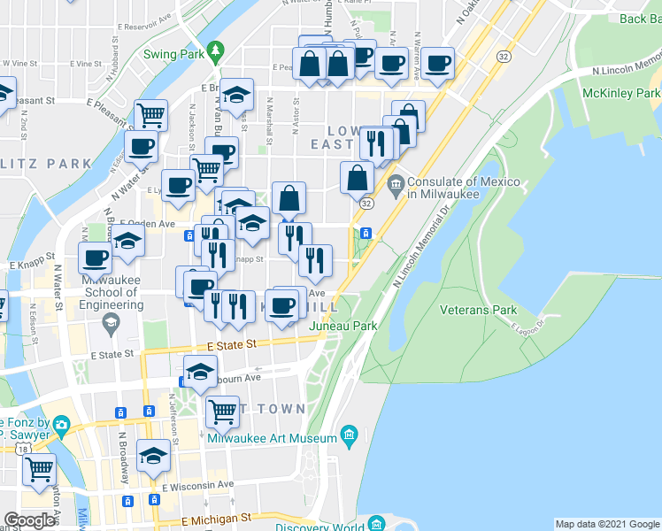 map of restaurants, bars, coffee shops, grocery stores, and more near 1032 East Knapp Street in Milwaukee