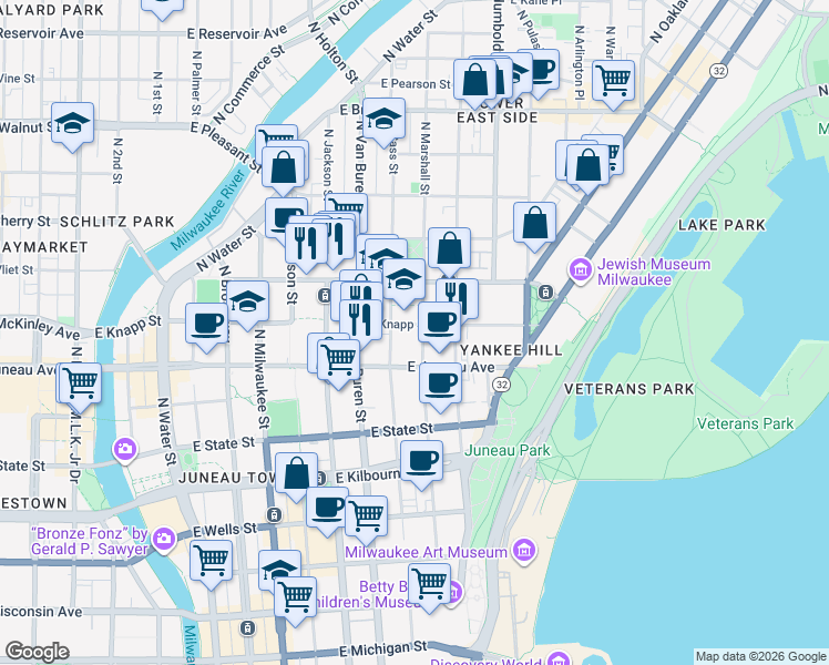 map of restaurants, bars, coffee shops, grocery stores, and more near 817 East Knapp Street in Milwaukee