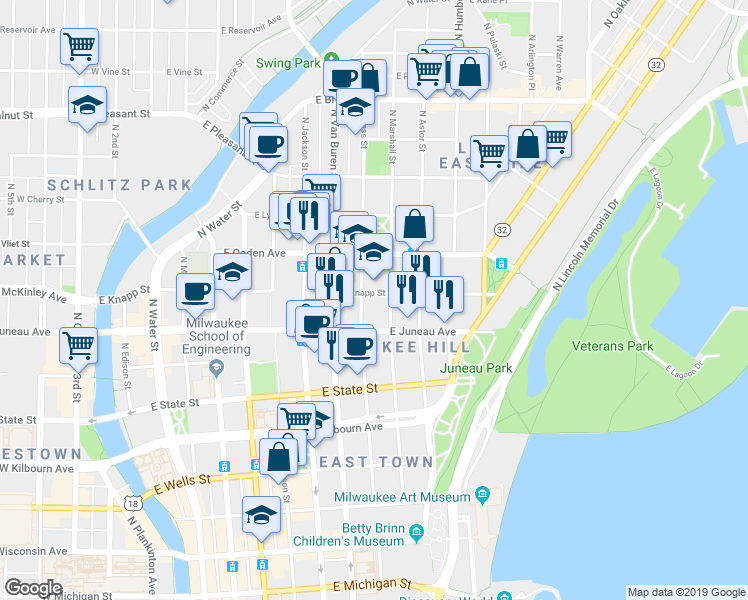 map of restaurants, bars, coffee shops, grocery stores, and more near 817 East Knapp Street in Milwaukee