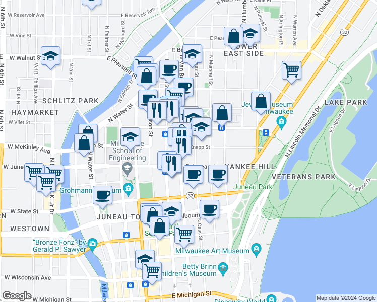 map of restaurants, bars, coffee shops, grocery stores, and more near 702 East Knapp Street in Milwaukee
