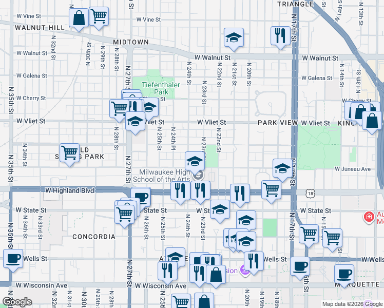 map of restaurants, bars, coffee shops, grocery stores, and more near 2313 West McKinley Avenue in Milwaukee