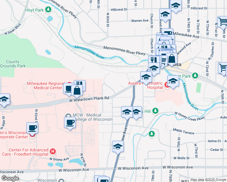 map of restaurants, bars, coffee shops, grocery stores, and more near 8228 Harwood Avenue in Wauwatosa