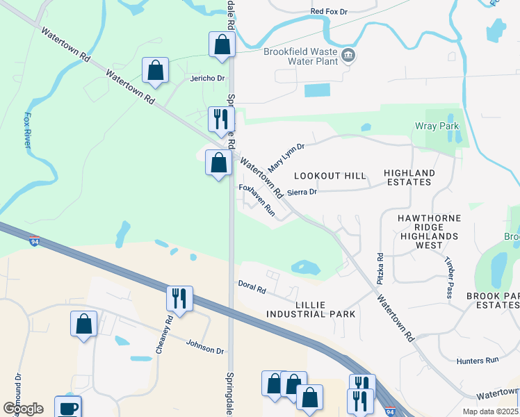 map of restaurants, bars, coffee shops, grocery stores, and more near 21840 Foxhaven Run in Waukesha