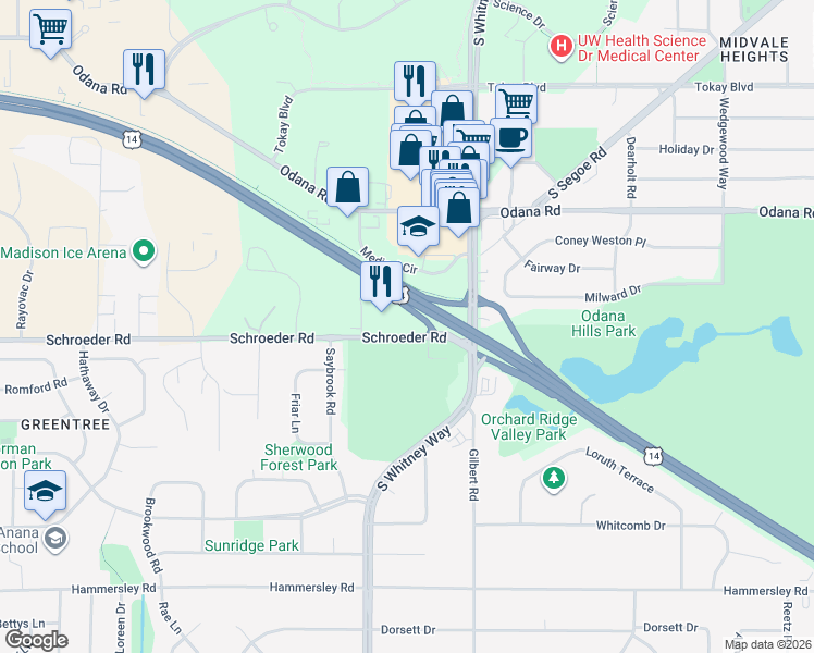 map of restaurants, bars, coffee shops, grocery stores, and more near 5606 Schroeder Road in Madison