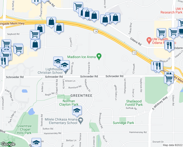 map of restaurants, bars, coffee shops, grocery stores, and more near 811 Forward Drive in Madison