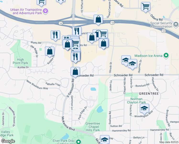 map of restaurants, bars, coffee shops, grocery stores, and more near 6810 Schroeder Road in Madison