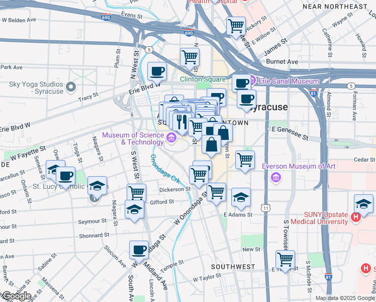 map of restaurants, bars, coffee shops, grocery stores, and more near 211 West Jefferson Street in Syracuse
