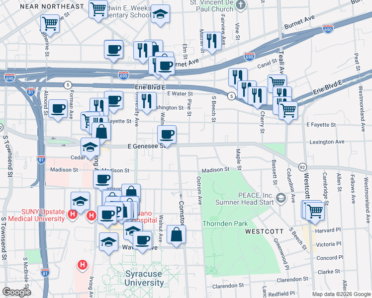map of restaurants, bars, coffee shops, grocery stores, and more near in Syracuse