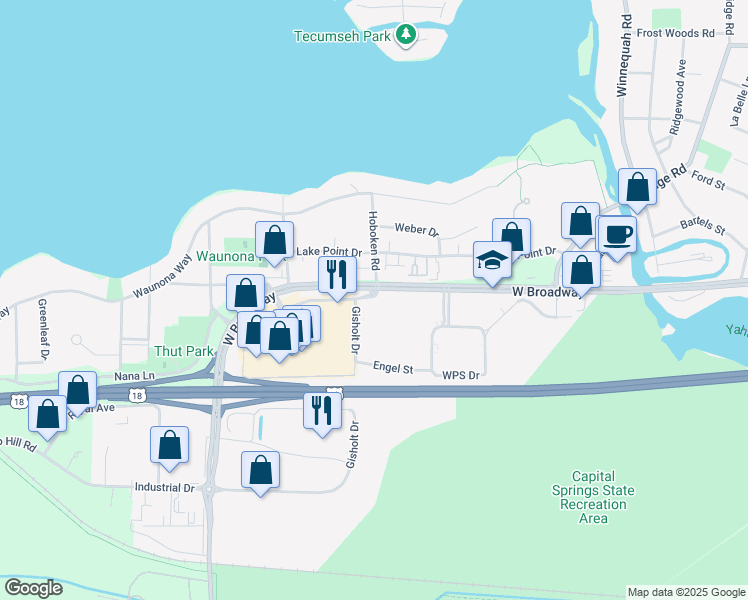 map of restaurants, bars, coffee shops, grocery stores, and more near 1945 West Broadway in Madison